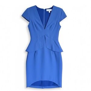 Finders Keepers Cobalt Blue Peplum Dress | V-Neck Hi-Low Hem (XS)